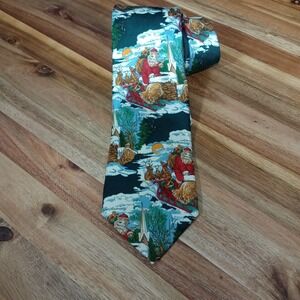 Vintage Lands End Tie Necktie Santa Christmas 100% Silk USA Made Hand Sewn‎ Snow